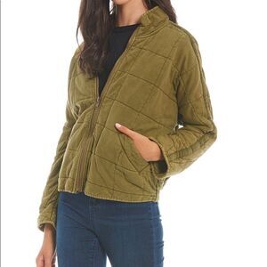 Full Zip Long Sleeve Knit Stand Collar Quilted Statement Jacket Army Green